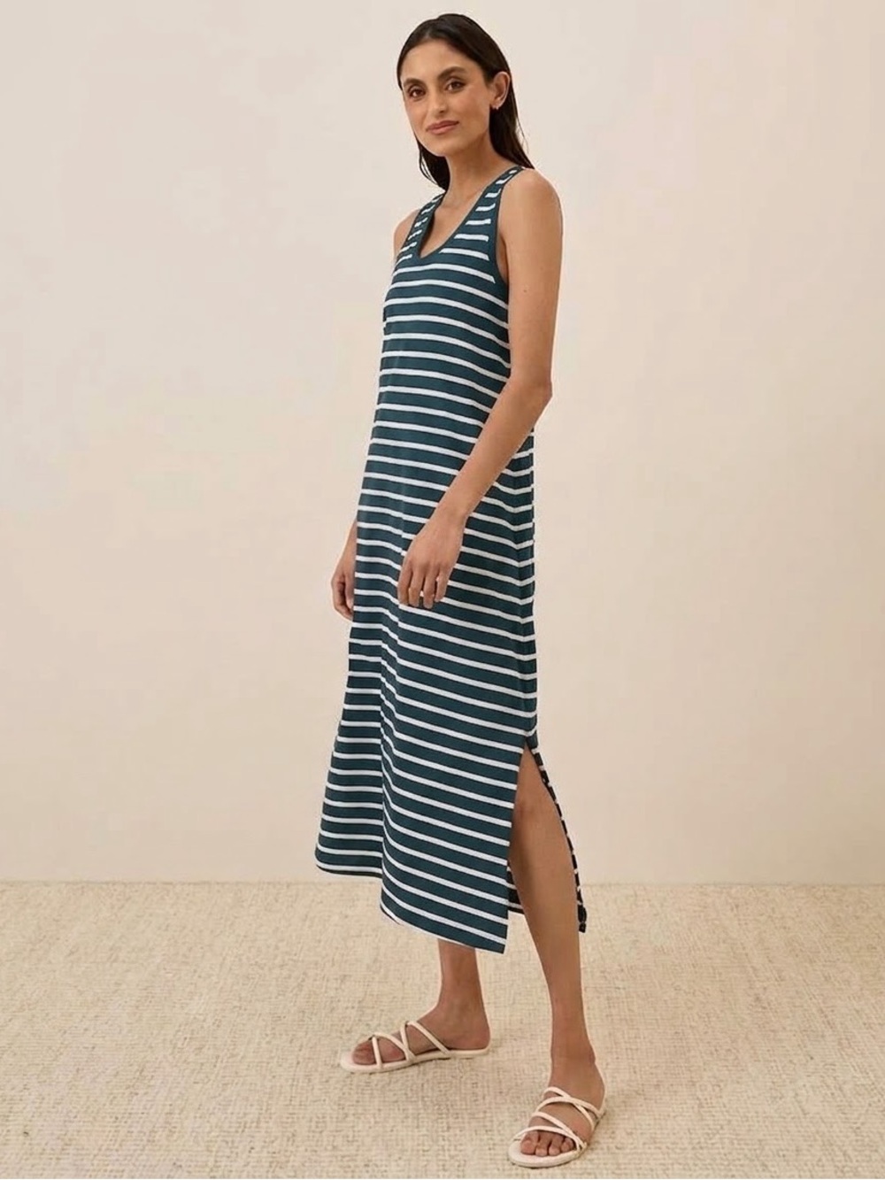 NWT Women's Costa Mesa Stripe Deep Aqua Organic Cotton Tank Midi Dress Small